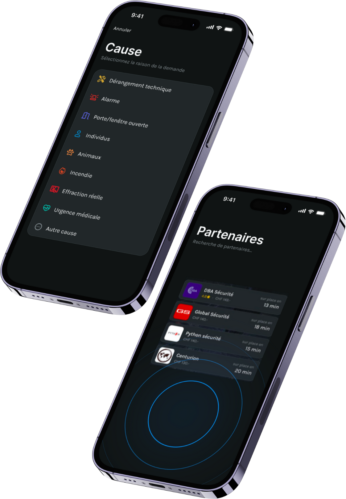 Application Edgward : sélection de la cause de l'intervention et recherche des agents partenaires disponibles