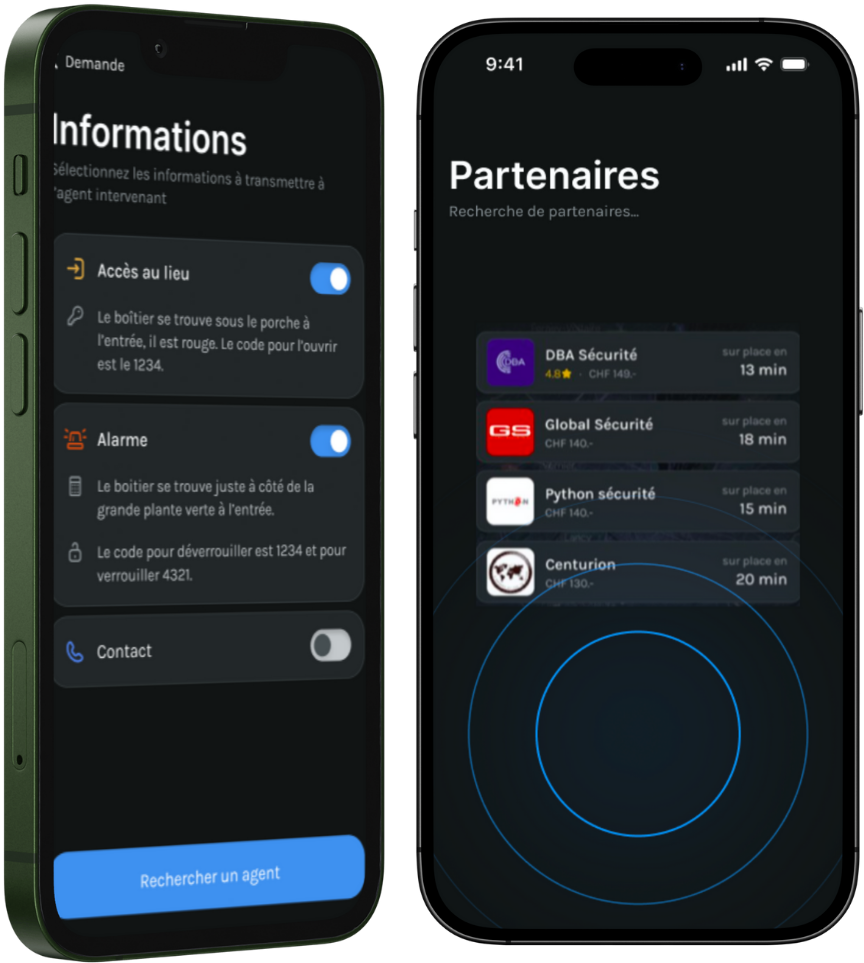 Application Edgward : sélection des informations à transmettre à l'agent, dont l'accès au lieu et l'alarme, et recherche d'une société de sécurité partenaire intervenant sur place en quelques minutes.